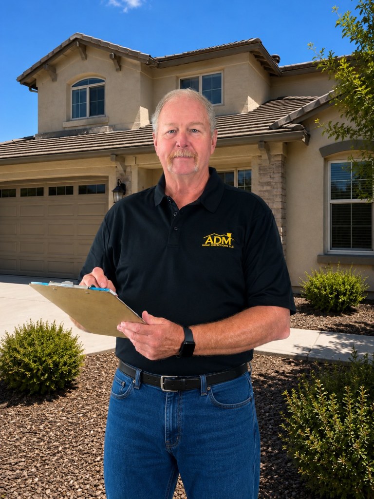 Ayron Mapes, owner and inspector at ADM Home Inspections, holding a clipboard outside a home